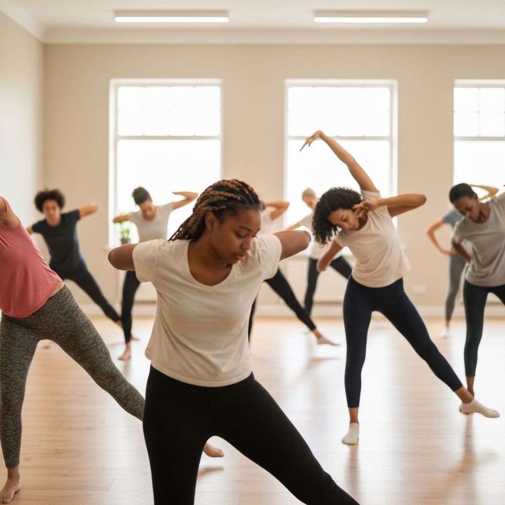 Group of people practicing gentle stretching movements