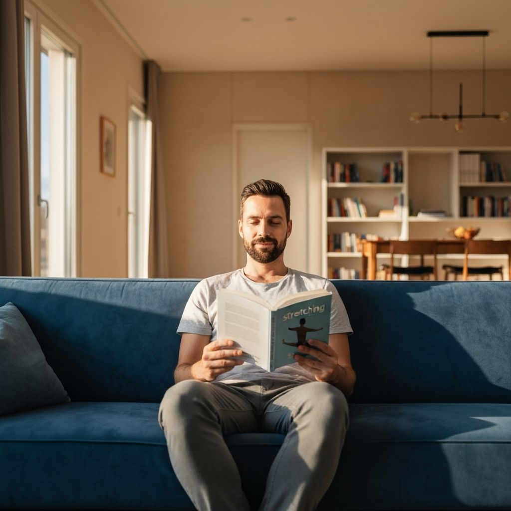 Person reading educational content about stretching